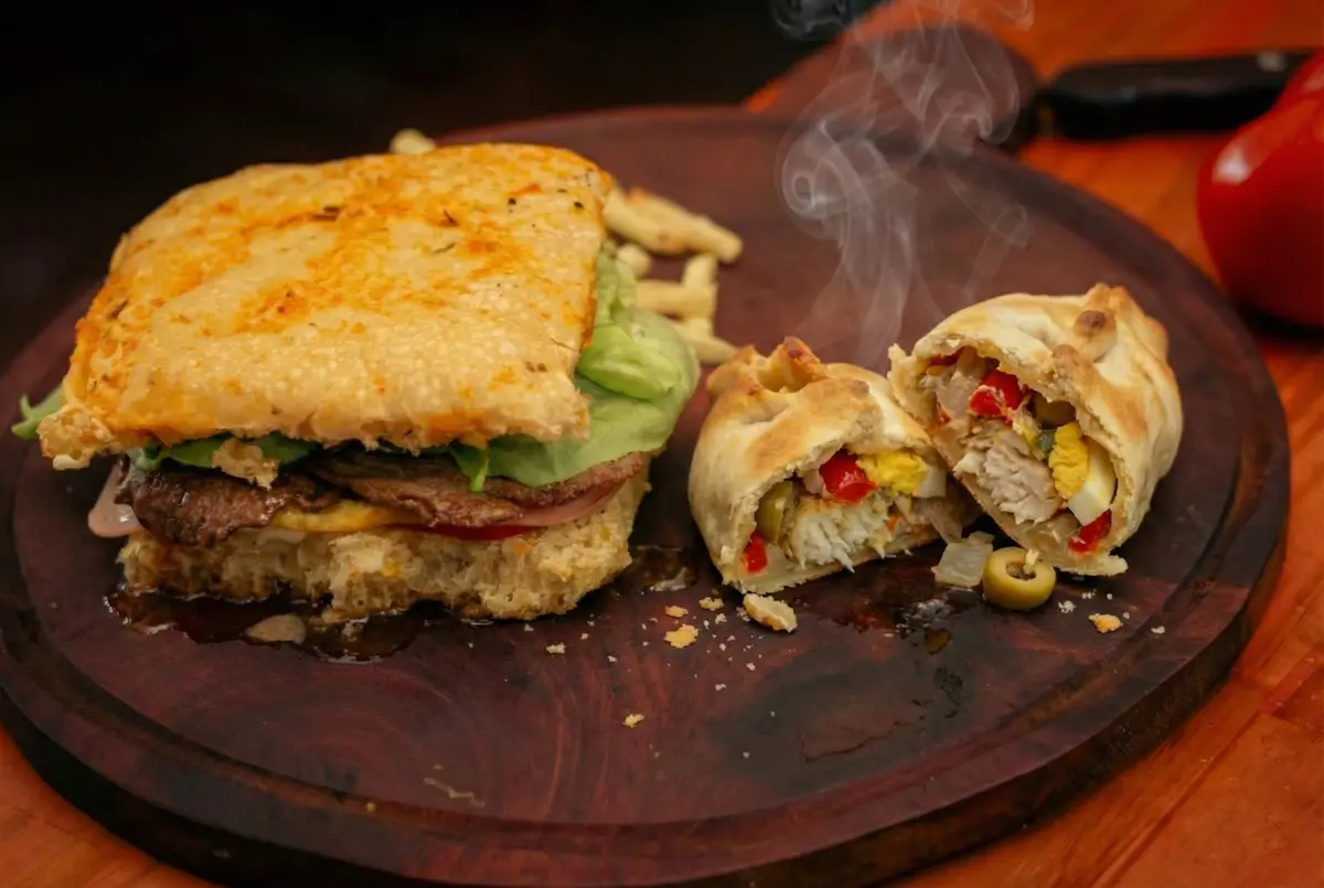 Sándwich de lomito y empanada de vigilia